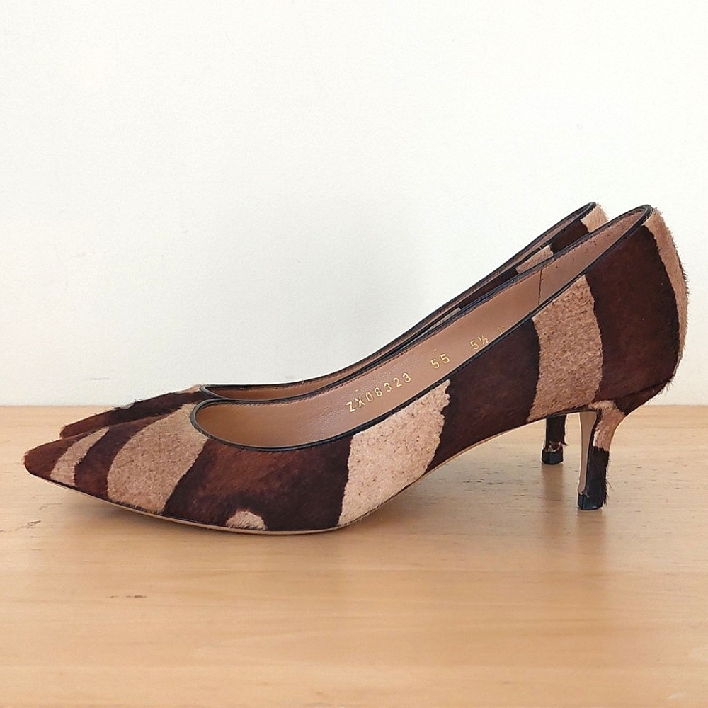 Salvatore Ferragamo Pointed Toe Hair-on Leather Low Heels